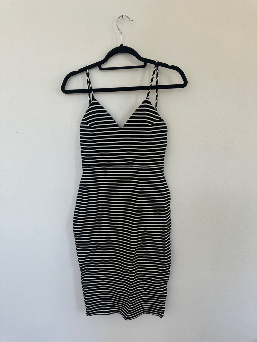Black & White Striped Bodycon Dress - V-Neck Spaghetti Straps